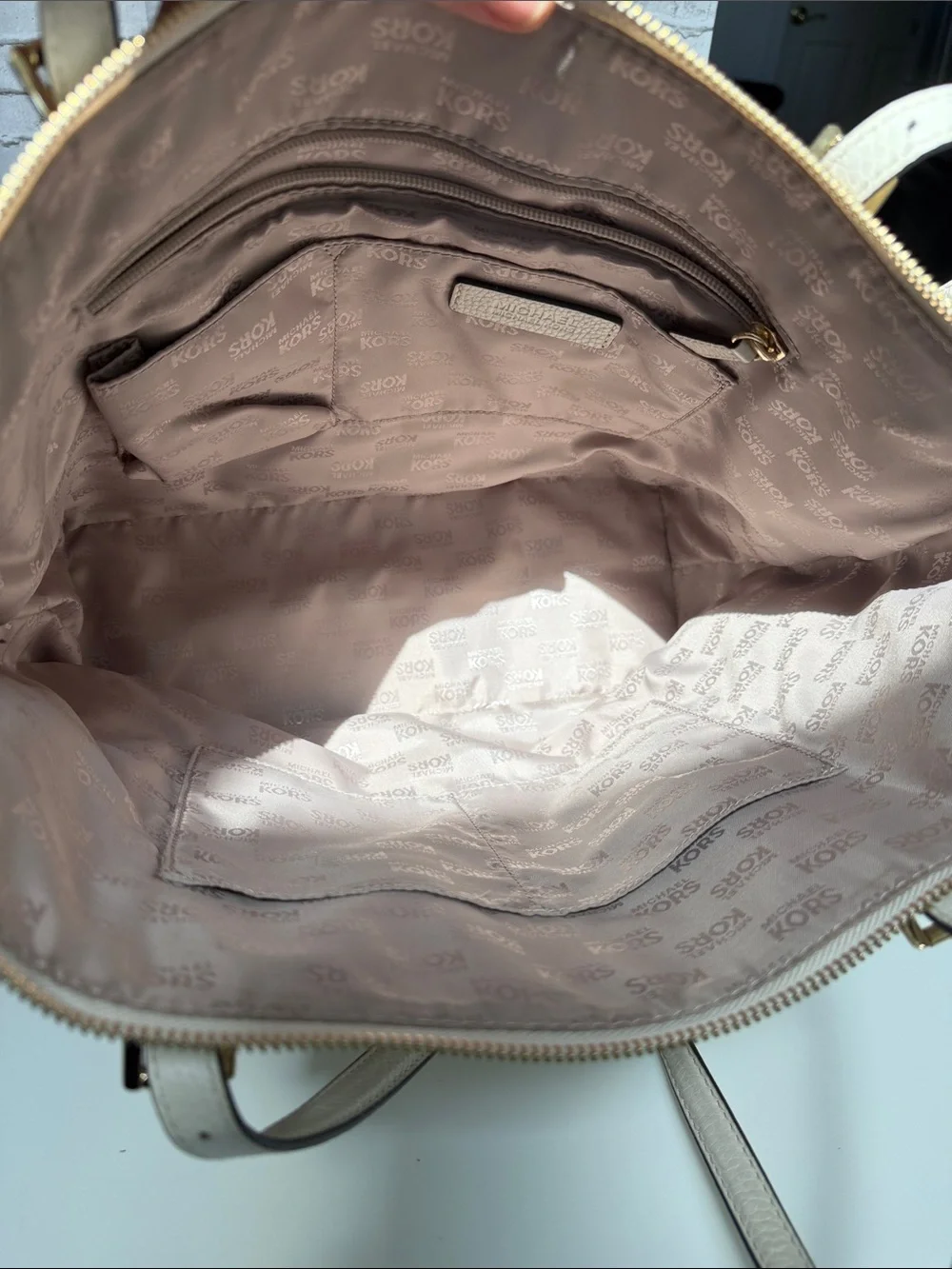 Michael Kors Cream Pebbled Leather Tote with Gold MK Charm